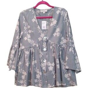 SUZANNE BETRO Weekend BLOUSE 3/4  green BELL SLEEVES BUTTON UP XL